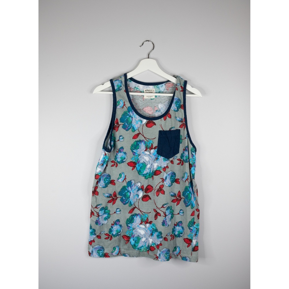 AlphaBeta Tank Top Mens Large Grey Floral Print Excellent Sleeveless Pocket